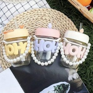 Pearl Chain Sipper Glass Cup Coffee Mug With Straw